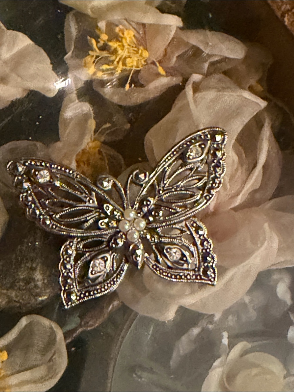 Delicate Silver Tone Butterfly Brooch with Pearl Accent signed Avon